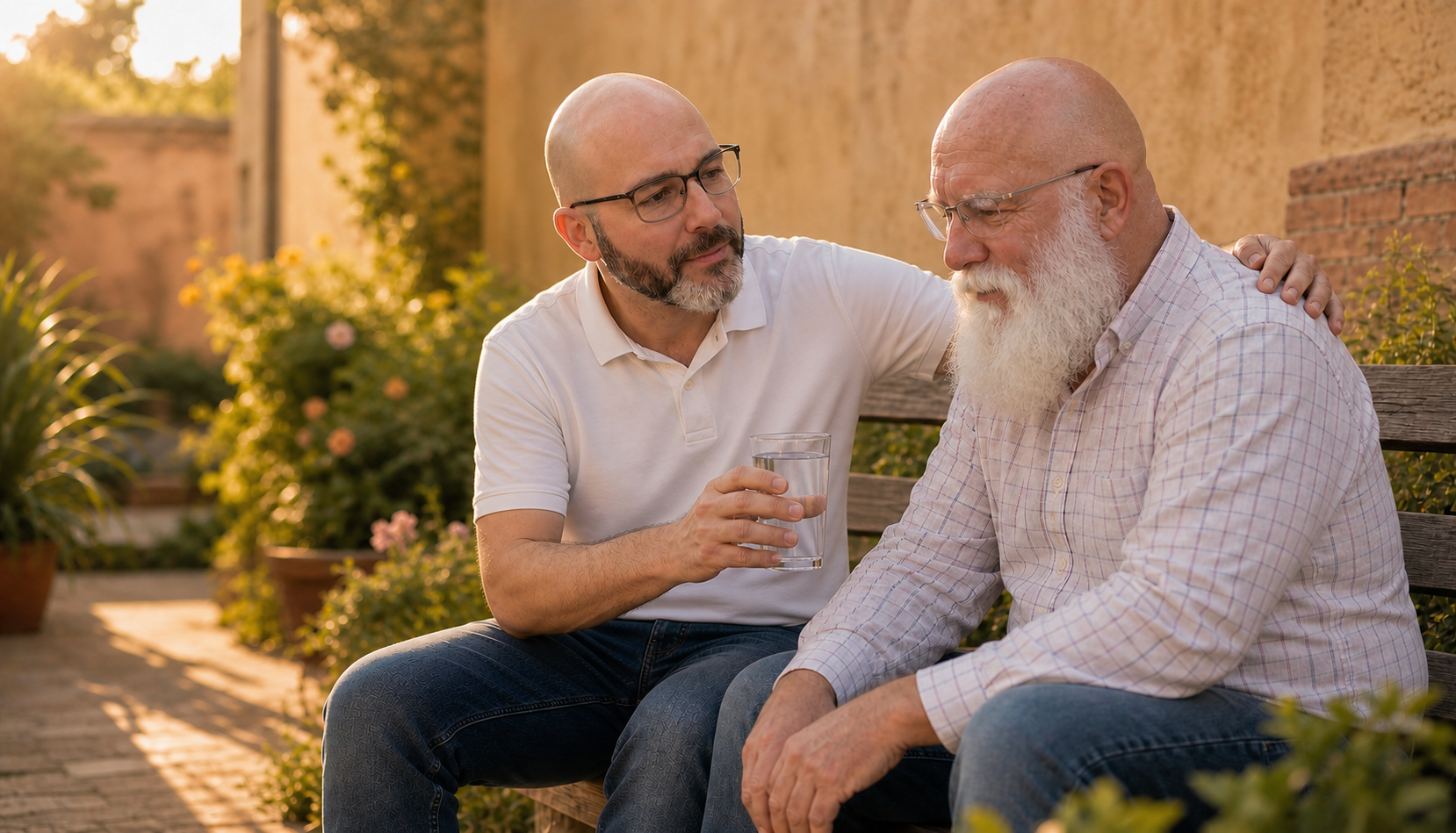 One man gently resting a hand on another person's shoulder while offering him water in a sunny garden